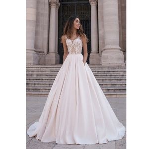Cream Peach Satin & Lace Bridal Ballgown